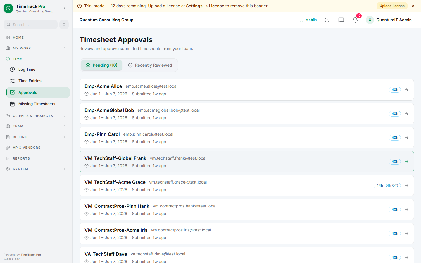 Approval inbox — pending submitted weeks oldest-first.  A separate 'Recently Reviewed' tab keeps the audit history.