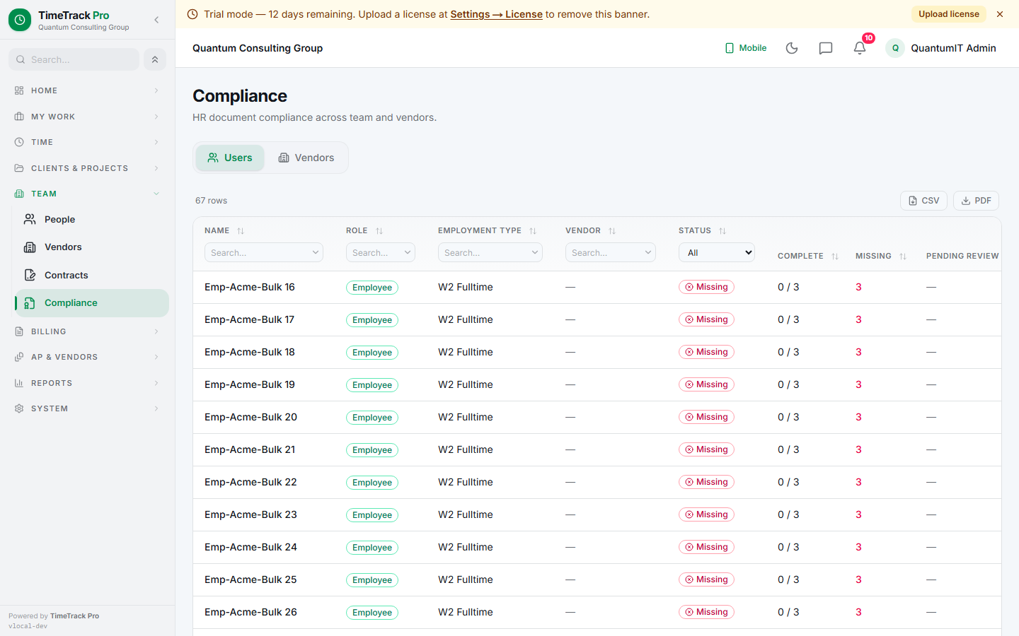 Compliance dashboard — per-employee and per-vendor document compliance.  Search, filter by status, click to fix.  CSV + PDF export.