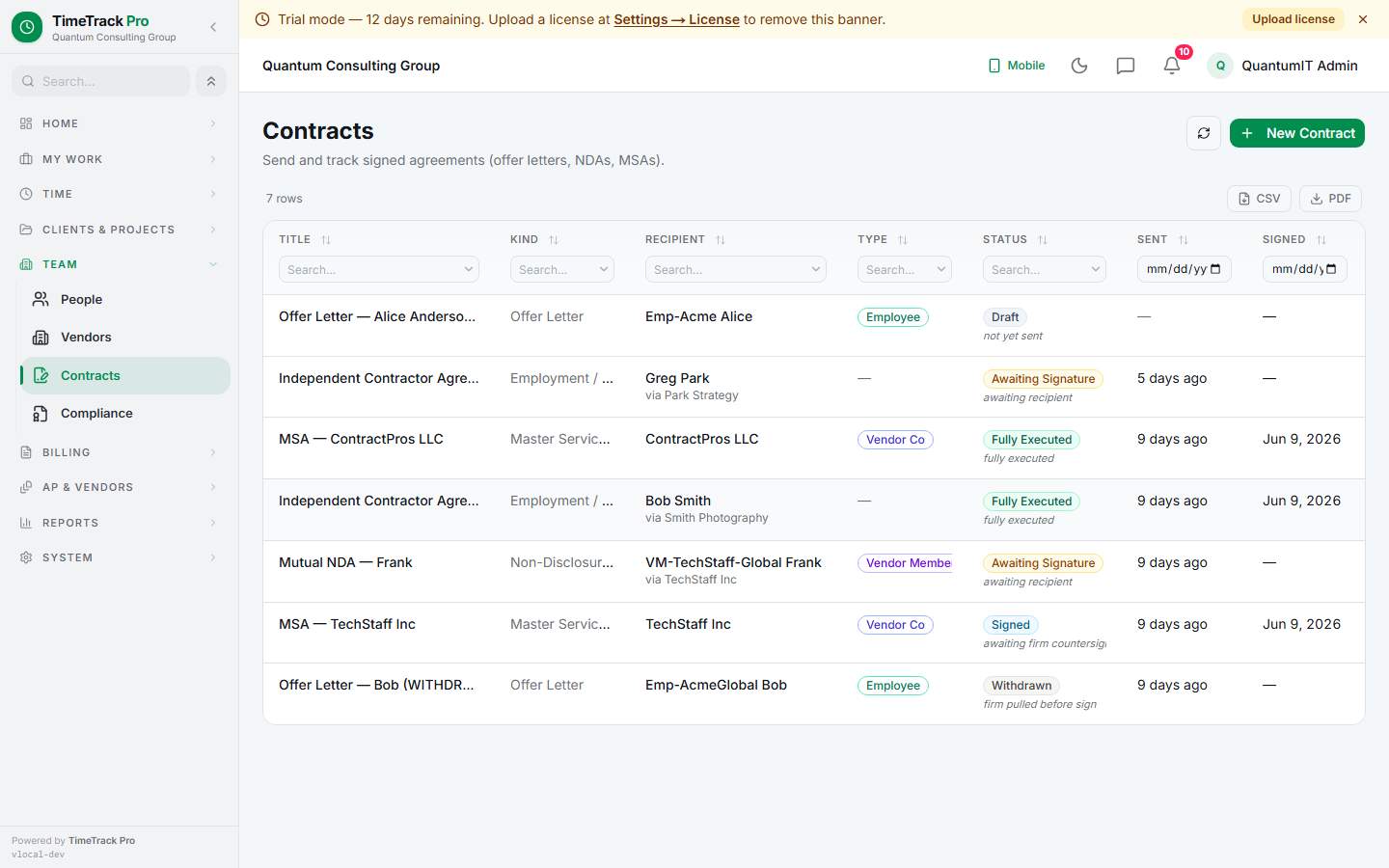 Contracts list — every firm-authored agreement with status pill. Filter by kind, status, recipient. Click to drill into the signature audit rail.