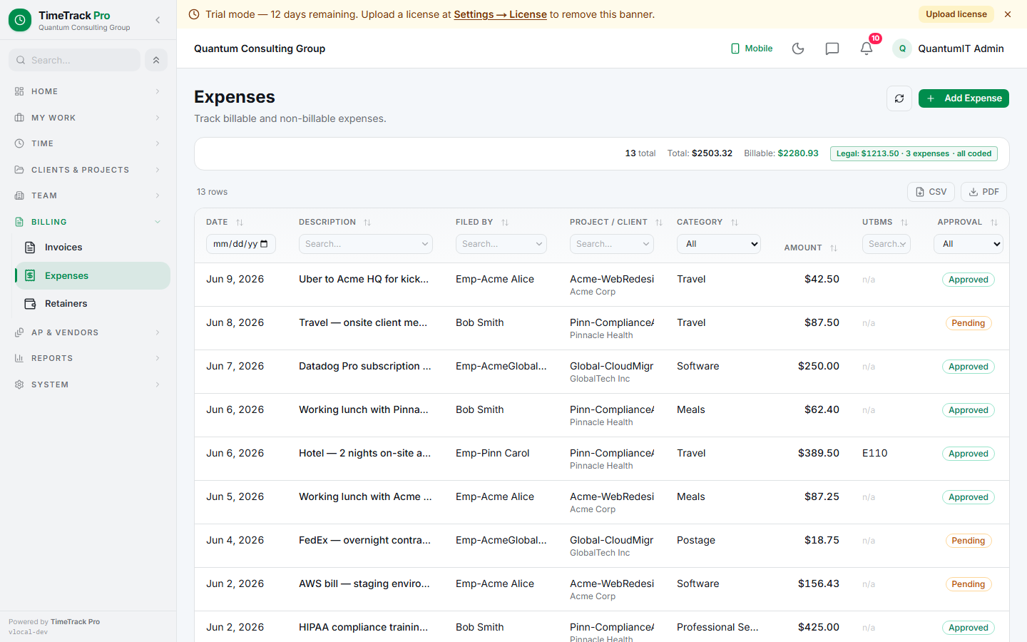 Expenses list — filter by status, category, billable flag.  Approve / reject icons on pending rows.  Receipt count badge per expense.