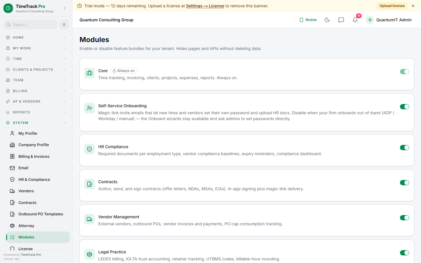 Settings → Modules — the same module-picker UI the setup wizard surfaces. Toggle bundles per-tenant; live data warnings before disabling.