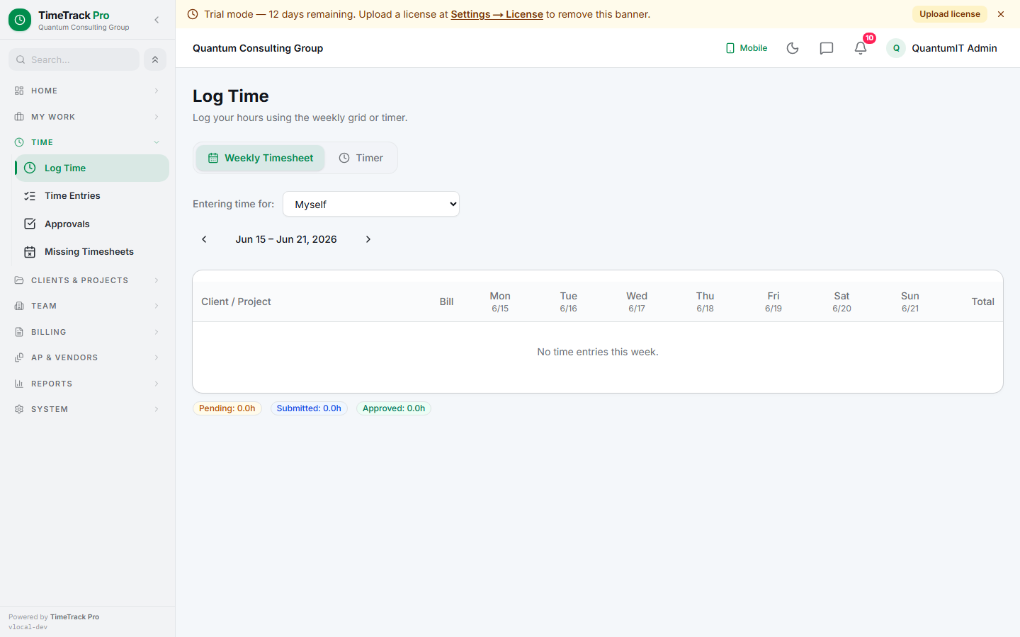 Weekly timesheet — projects × days grid with inline editing. Status pills at the bottom track Pending / Submitted / Approved hours.